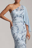 Sky Blue Mermaid One Shoulder Sequins Floral Long Mother of the Bride Dress