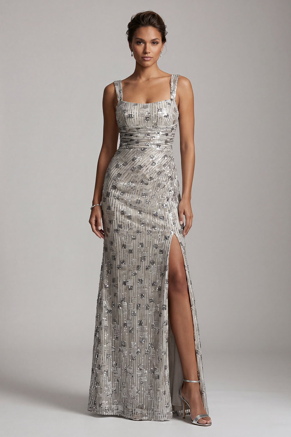 ZAPAKA Women Silver Mermaid Mother of the Bride Dress with Slit Square Neck Beaded Long Wedding Guest Dress, Silver / US22W