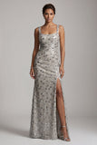 Silver Mermaid Square Neck Beaded Long Mother of the Bride Dress with Slit