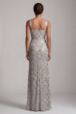 Silver Mermaid Square Neck Beaded Long Mother of the Bride Dress with Slit