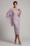 Halter Neck Lilac Bodycon Beaded Floral Midi Mother of the Bride Dress with Cape
