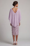 Halter Neck Lilac Bodycon Beaded Floral Midi Mother of the Bride Dress with Cape