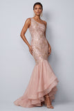 One Shoulder Pink Mermaid Sequins Long Mother of the Bride Dress with Ruffles
