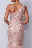 One Shoulder Pink Mermaid Sequins Long Mother of the Bride Dress with Ruffles