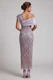 Lilac Bodycon One Shoulder Beaded Long Mother of the Bride Dress with Slit