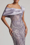Lilac Bodycon One Shoulder Beaded Long Mother of the Bride Dress with Slit