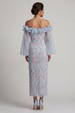 Off the Shoulder Dusty Blue Bodycon Floral Beaded Long Mother of the Bride Dress with Ruffles
