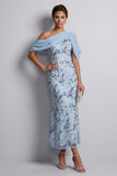 Sky Blue One Shoulder Bodycon Floral Sequins Long Mother of the Bride Dress