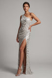 One Shoulder Silver Mermaid Beaded Long Mother of the Bride Dress with Slit