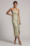 Dusty Sage Strapless Bodycon Ruched Sequins Floral Mother of the Bride Dress with Sash