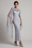 Dusty Blue Floral One Shoulder Bodycon Beaded Ruffled Long Mother of the Bride Dress