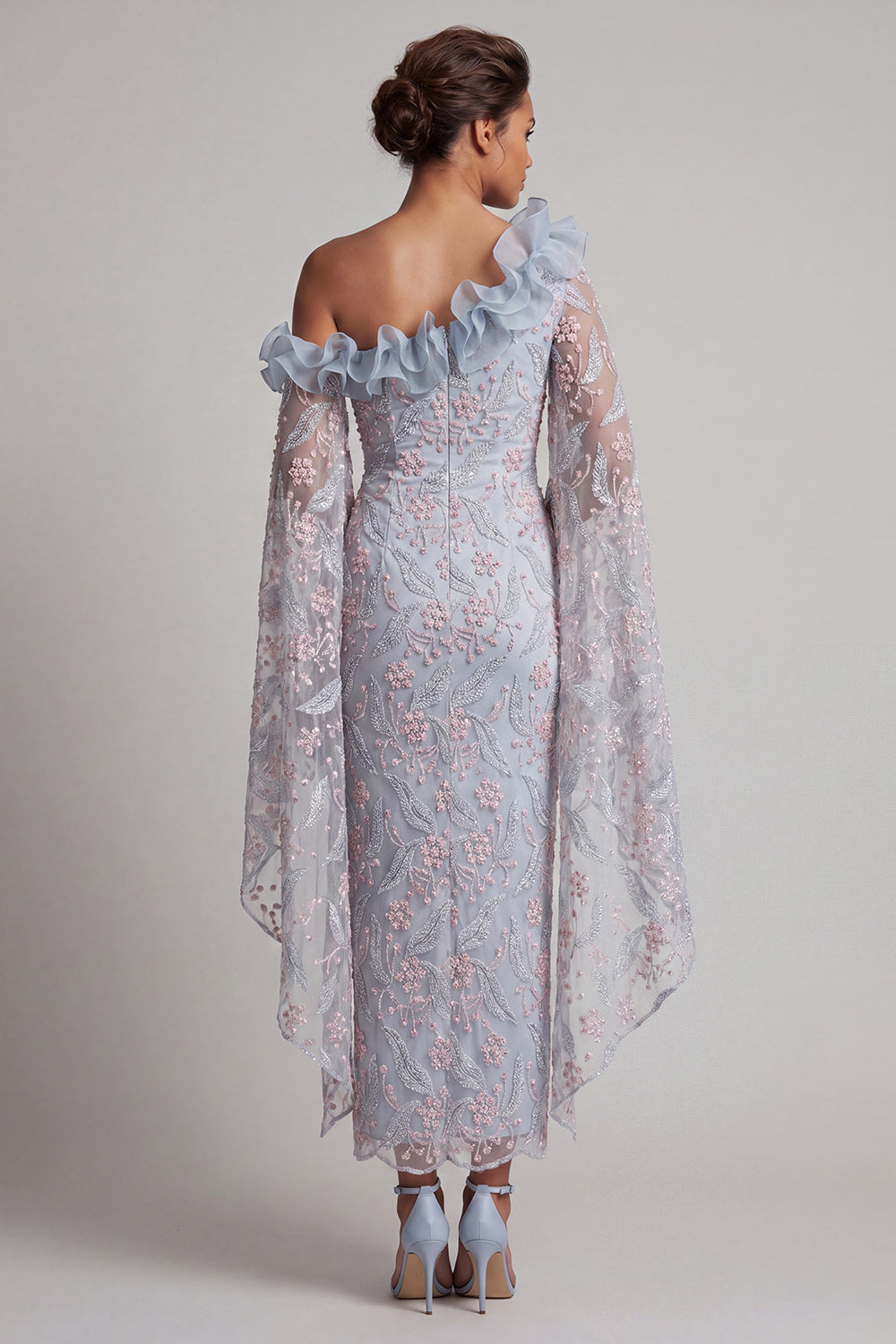 dusty blue wedding guest dress Spaghetti Straps Sweetheart with Ruffles Side The sheer lace panels reveal a hint of skin Soft Blue Formal Wedding Guest