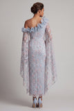 Dusty Blue Floral One Shoulder Bodycon Beaded Ruffled Long Mother of the Bride Dress