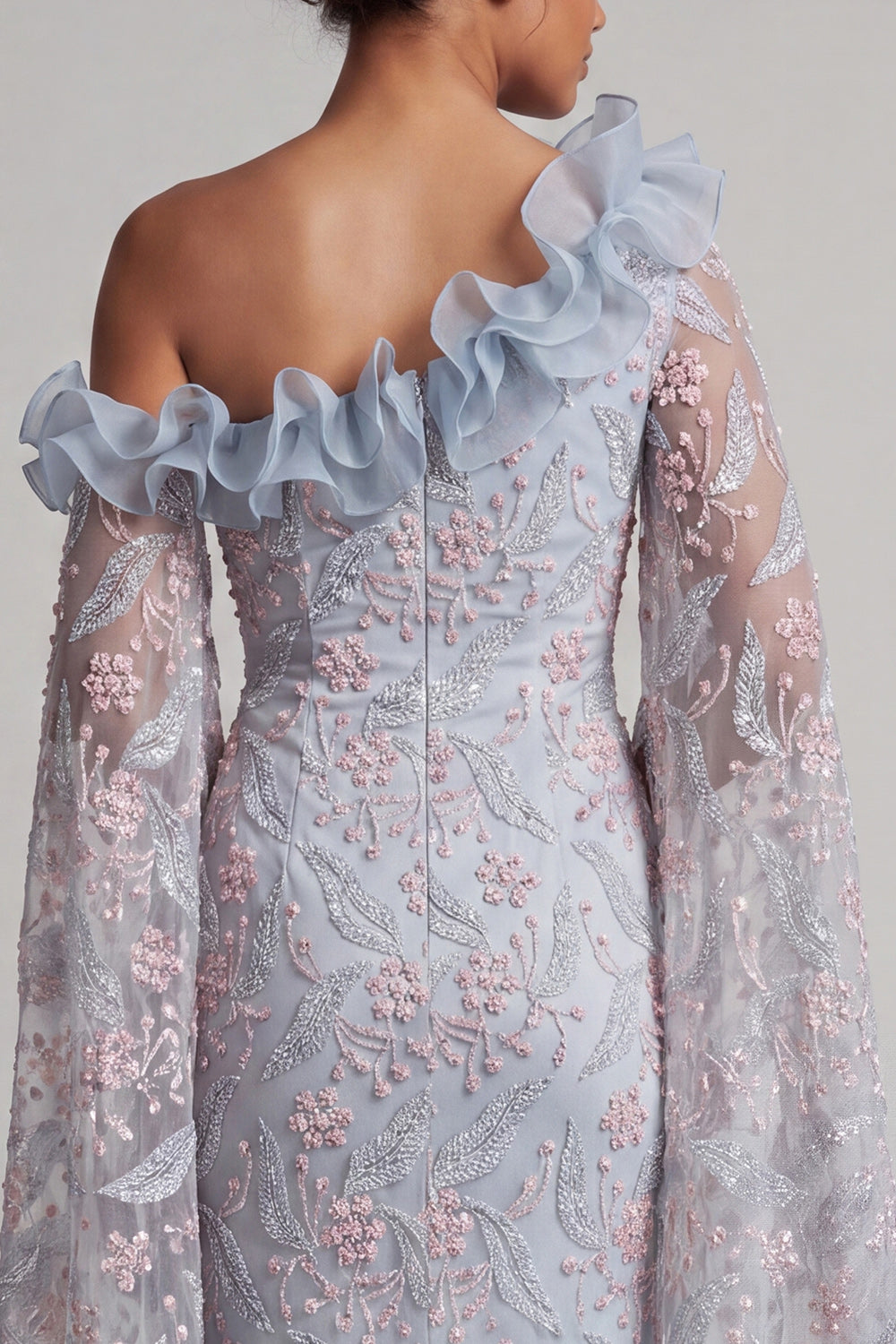 ZAPAKA Women Dusty Blue Mother of the Bride Dress with Cape Sleeves One Shoulder Bodycon Floral Beaded Ruffled Long Wedding Guest Dress