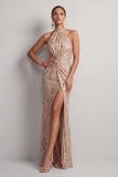 Halter Neck Champagne Mermaid Ruched Sequins Long Mother of the Bride Dress with Slit