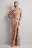 Halter Neck Champagne Mermaid Ruched Sequins Long Mother of the Bride Dress with Slit