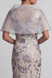 Silver Mermaid Floral V-Neck Sequins Long Mother of the Bride Dress with Cape