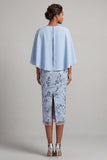 Bodycon Sky Blue Round Neck Sequins Floral Mother of the Bride Dress with Cape Sleeves