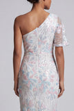 White Floral Sequins Bodycon One Shoulder Long Mother of the Bride Dress