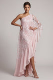 Pink One Shoulder Sheath Sequins Ruffled Long Mother of the Bride Dress with Beading