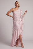 Pink One Shoulder Sheath Sequins Ruffled Long Mother of the Bride Dress with Beading