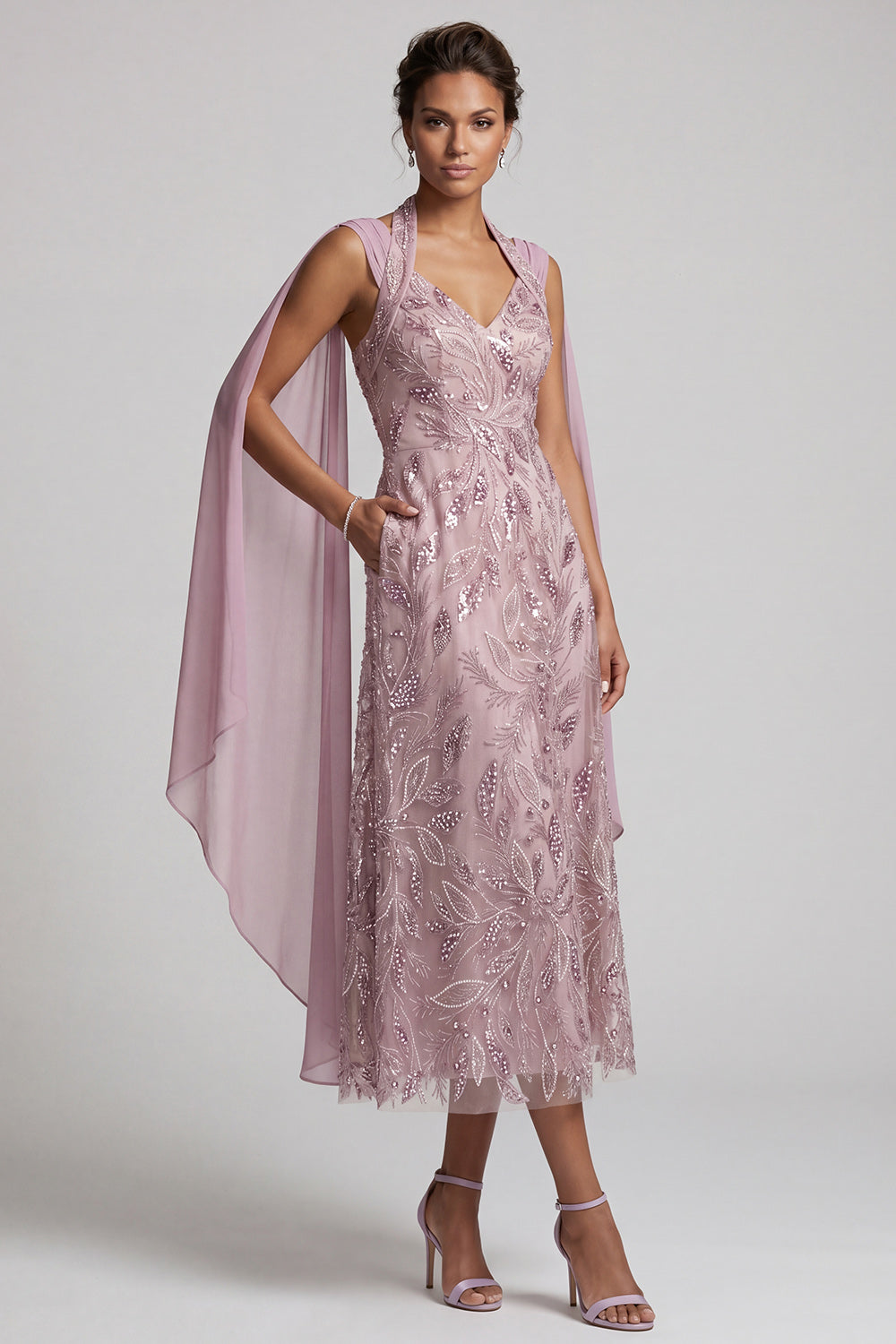 ZAPAKA Women Fog A-Line Mother of the Bride Dress with Cape Sleeves Halter Neck Sequins Floral Midi Wedding Guest Dress, Fog / US4