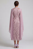 Fog Halter Neck Sequins A-Line Floral Midi Mother of the Bride Dress with Cape Sleeves