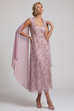 Fog Halter Neck Sequins A-Line Floral Midi Mother of the Bride Dress with Cape Sleeves