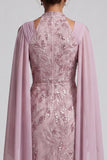 Fog Halter Neck Sequins A-Line Floral Midi Mother of the Bride Dress with Cape Sleeves