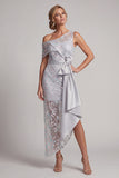 One Shoulder Light Grey Sequins Mermaid Asymmetrical Floral Mother of the Bride Dress with Sash