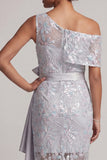 One Shoulder Light Grey Sequins Mermaid Asymmetrical Floral Mother of the Bride Dress with Sash