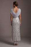Mermaid Silver Sequins Cowl Neck Long Mother of the Bride Dress