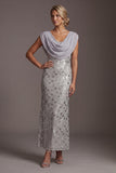 Mermaid Silver Sequins Cowl Neck Long Mother of the Bride Dress