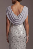 Mermaid Silver Sequins Cowl Neck Long Mother of the Bride Dress