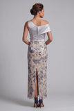 Silver Bodycon Sequins Floral One Shoulder Long Mother of the Bride Dress with Slit