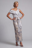 Silver Bodycon Sequins Floral One Shoulder Long Mother of the Bride Dress with Slit