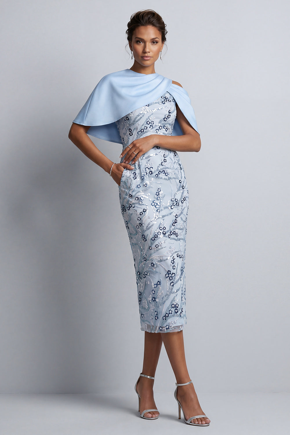 Sky Blue Floral Bodycon Sequins Midi Mother of the Bride Dress with Pockets