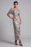 Navy Off the Shoulder Bodycon Sequins Floral Long Mother of the Bride Dress with Slit
