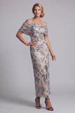 Navy Off the Shoulder Bodycon Sequins Floral Long Mother of the Bride Dress with Slit