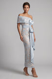 Dusty Blue Bodycon Sequins Floral Long Mother of the Bride Dress with Bow