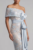 Dusty Blue Bodycon Sequins Floral Long Mother of the Bride Dress with Bow