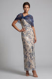 Navy Floral Bodycon Sequins Long Mother of the Bride Dress with Cape