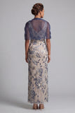 Navy Floral Bodycon Sequins Long Mother of the Bride Dress with Cape