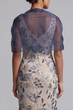 Navy Floral Bodycon Sequins Long Mother of the Bride Dress with Cape