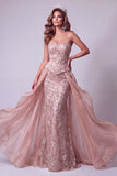 Mermaid Blush Sweetheart Floral Sequins Lace Up Back Pageant Dress with Ruffle Overskirt