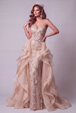 Champagne Mermaid Spaghetti Straps Sequins Long Pageant Dress with Ruffle Train