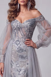 Off the Shoulder Dusty Blue Mermaid Sequins Long Pageant Dress with Train