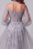 Off the Shoulder Dusty Blue Mermaid Sequins Long Pageant Dress with Train