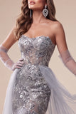 Sweetheart Dusty Blue Sequins Mermaid Long Pageant Dress with Train