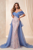 Blue and Pink Off the Shoulder Sequins Mermaid Long Pageant Dress with Train